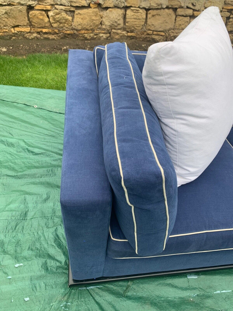 HUGE Blue linen & white piping 355cm wide feather filled L shaped corner sofa