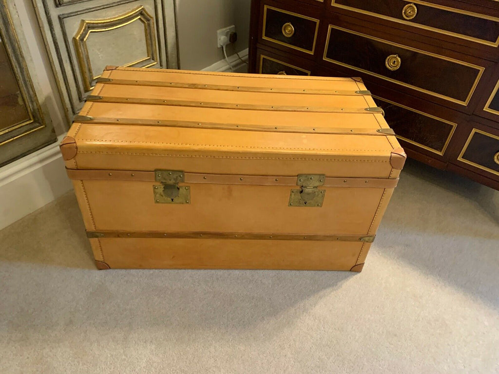 Harrods retailed Tan leather large steamer trunk chest, leather wood & Brass