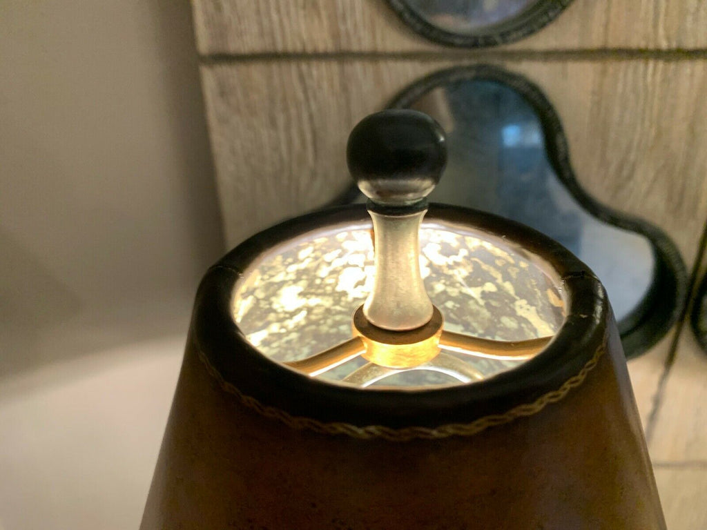 Impressive Maitland Smith extra tall Swan table lamp, leather and metallic shade