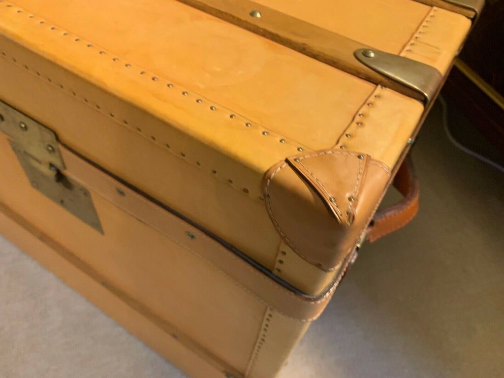 Harrods retailed Tan leather large steamer trunk chest, leather wood & Brass