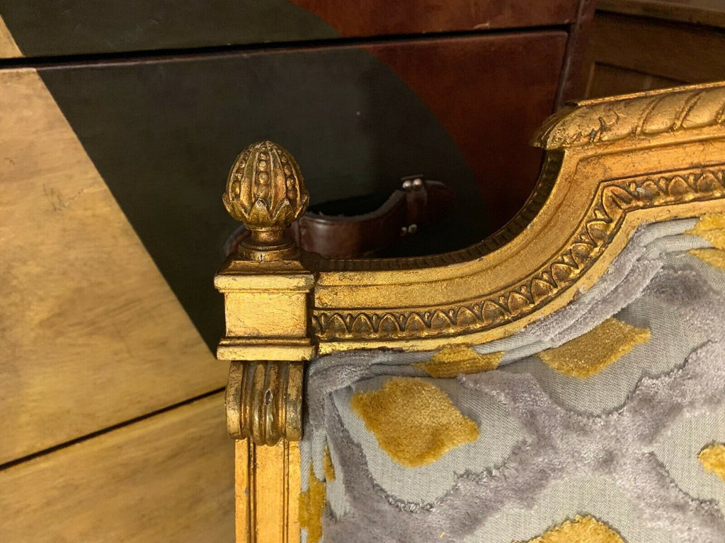 Harrods Retailed Boffi Gold Gilt salon sofa settee, mustard & silver ikat Velvet