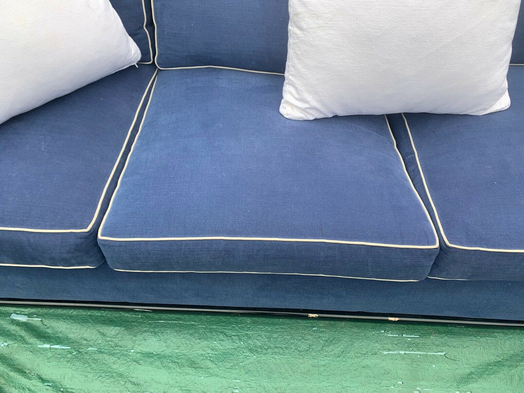 HUGE Blue linen & white piping 355cm wide feather filled L shaped corner sofa