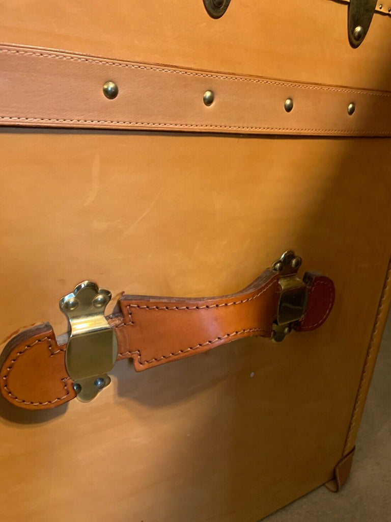 Harrods retailed Tan leather large steamer trunk chest, leather wood & Brass